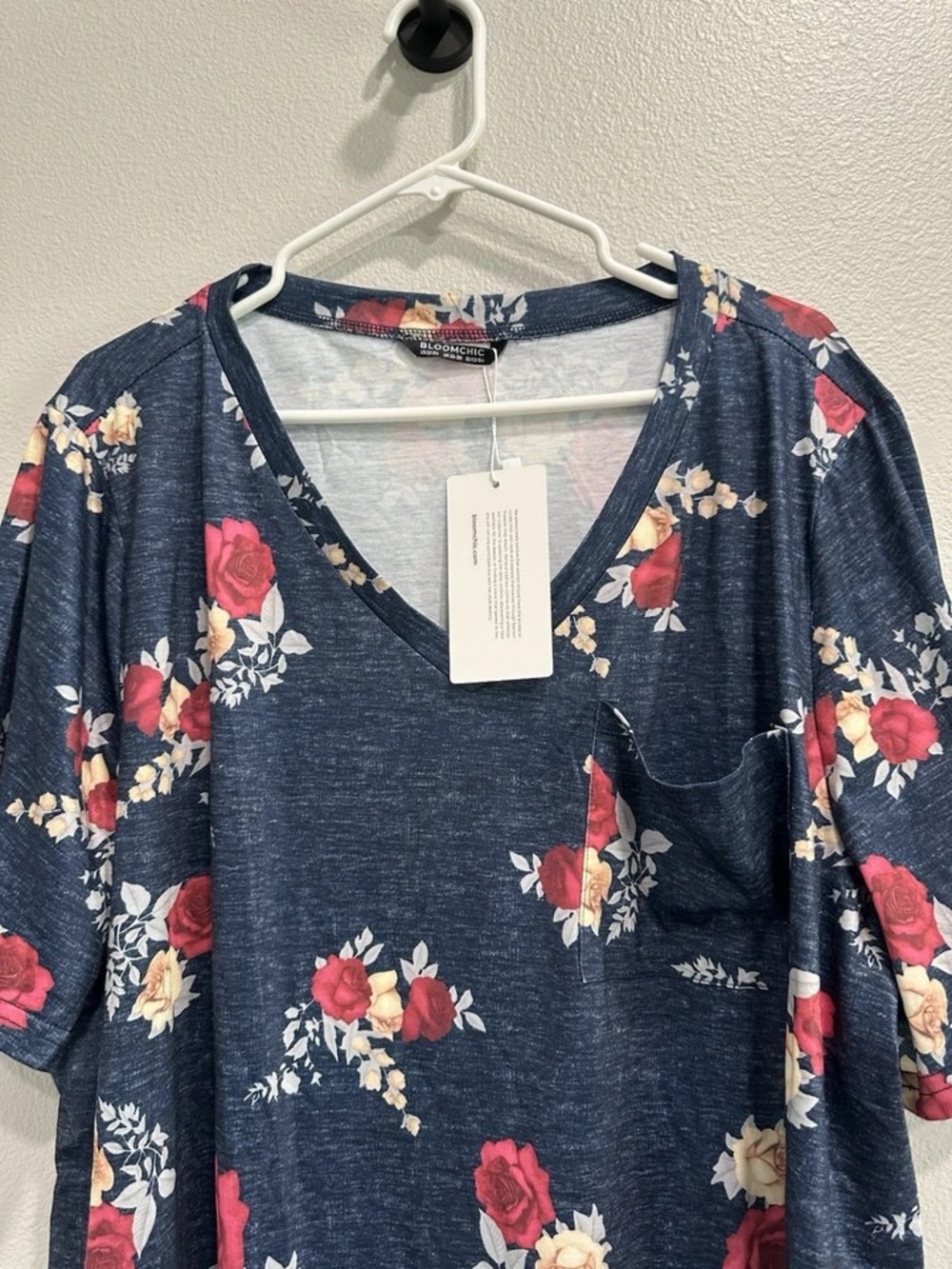 BloomChic Navy V-Neck Pocket Tee with Red & Cream Floral Print - Picture 2 of 6